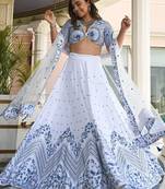 Fantastic White Thread Work Satin Sangeet Wear Lehenga Choli