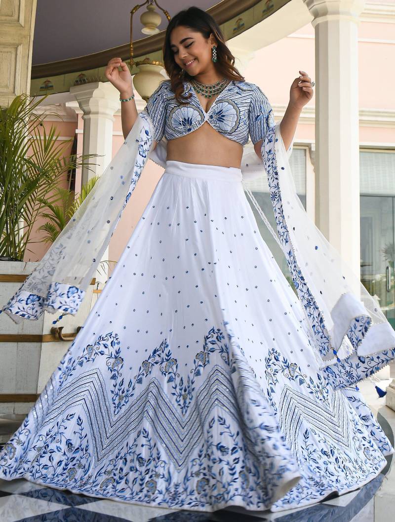 Fantastic White Thread Work Satin Sangeet Wear Lehenga Choli