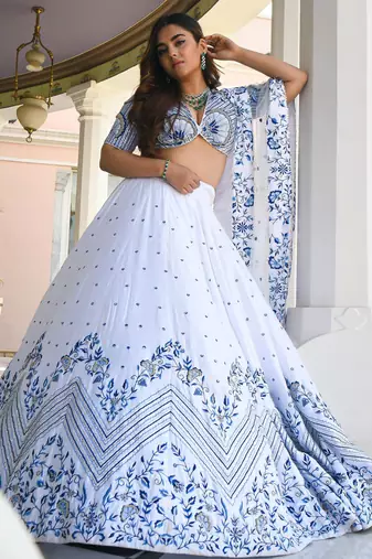 Fantastic White Thread Work Satin Sangeet Wear Lehenga Choli