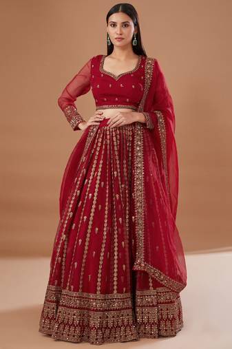 Fantastic Red Zari Embroidered Organza Wedding Lehenga Choli