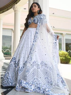 Fantastic White Thread Work Satin Sangeet Wear Lehenga Choli 3