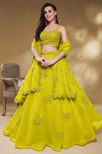 Adorable Neon Yellow Sequins Georgette Wedding Wear Lehenga Choli