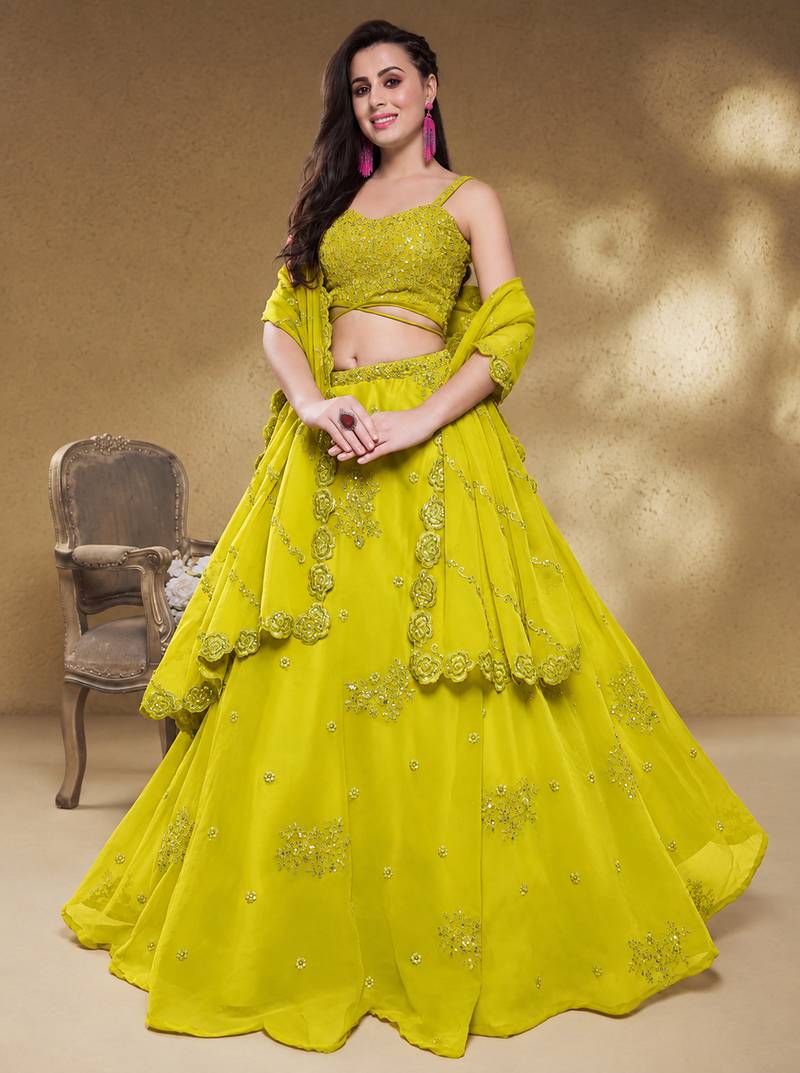 Adorable Neon Yellow Sequins Georgette Wedding Wear Lehenga Choli