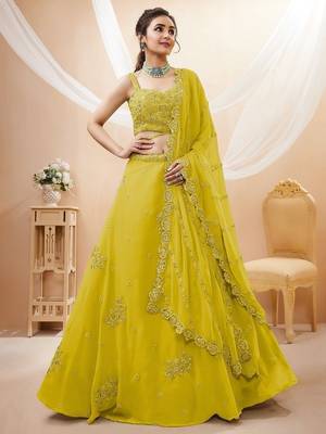 Adorable Neon Yellow Sequins Georgette Wedding Wear Lehenga Choli 1