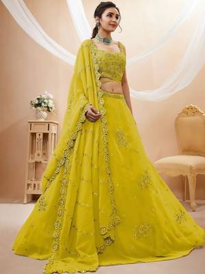 Adorable Neon Yellow Sequins Georgette Wedding Wear Lehenga Choli 2