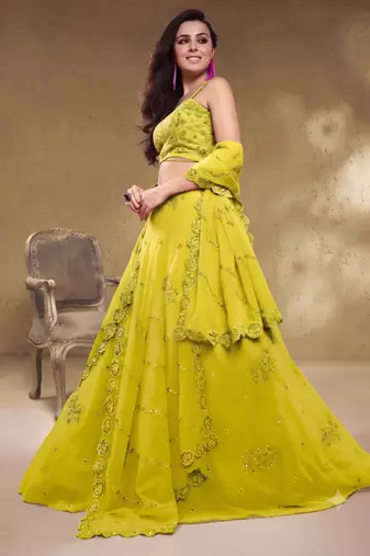 Adorable Neon Yellow Sequins Georgette Wedding Wear Lehenga Choli