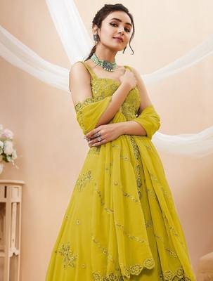 Adorable Neon Yellow Sequins Georgette Wedding Wear Lehenga Choli 3
