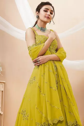 Adorable Neon Yellow Sequins Georgette Wedding Wear Lehenga Choli