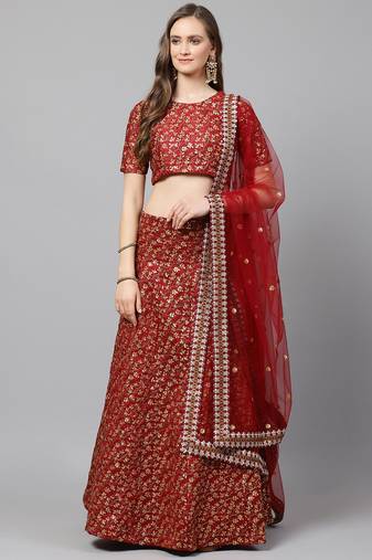 Maroon & Golden Semi-Stitched Bridal Lehenga & Unstitched Blouse with Dupatta