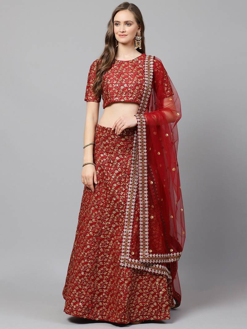 Maroon & Golden Semi-Stitched Bridal Lehenga & Unstitched Blouse with Dupatta