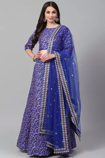 Blue & Golden Semi-Stitched Party wear Lehenga & Unstitched Blouse with Dupatta