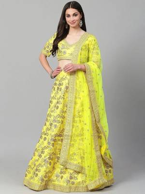 Yellow & Gold-Toned Embroidered Semi-Stitched Myntra Party Wear Lehenga & Unstitched Blouse with Dupatta 1