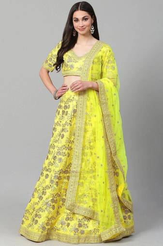 Yellow & Gold-Toned Embroidered Semi-Stitched Myntra Party Wear Lehenga & Unstitched Blouse with Dupatta