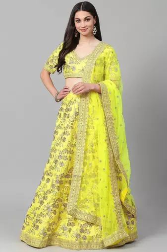 Yellow & Gold-Toned Embroidered Semi-Stitched Myntra Party Wear Lehenga & Unstitched Blouse with Dupatta