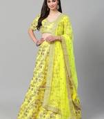 Yellow & Gold-Toned Embroidered Semi-Stitched Myntra Party Wear Lehenga & Unstitched Blouse with Dupatta