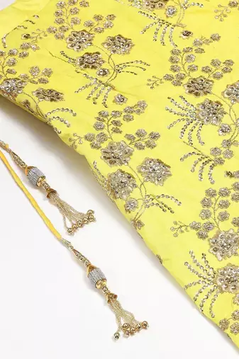 Yellow & Gold-Toned Embroidered Semi-Stitched Myntra Party Wear Lehenga & Unstitched Blouse with Dupatta