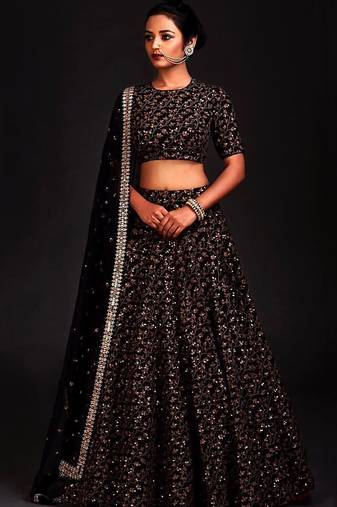 Black Zari Embroidered Silk Bridal Lehenga Choli