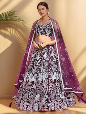 Dazzling Wine Sequins Net Engagement Wear Lehenga Choli 1