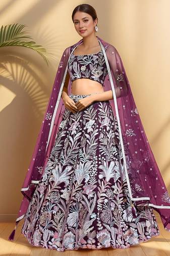 Dazzling Wine Sequins Net Engagement Wear Lehenga Choli