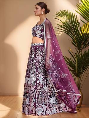 Dazzling Wine Sequins Net Engagement Wear Lehenga Choli 2