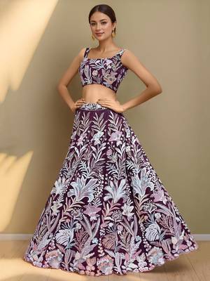 Dazzling Wine Sequins Net Engagement Wear Lehenga Choli 3