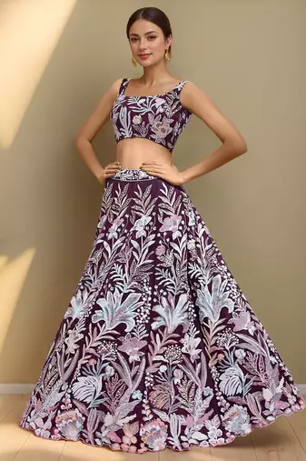 Dazzling Wine Sequins Net Engagement Wear Lehenga Choli