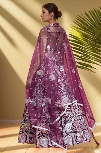 Dazzling Wine Sequins Net Engagement Wear Lehenga Choli