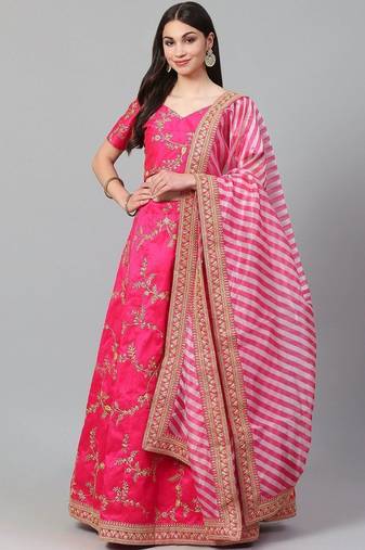 Pink & Golden Semi-Stitched Lehenga & Unstitched Blouse with Dupatta