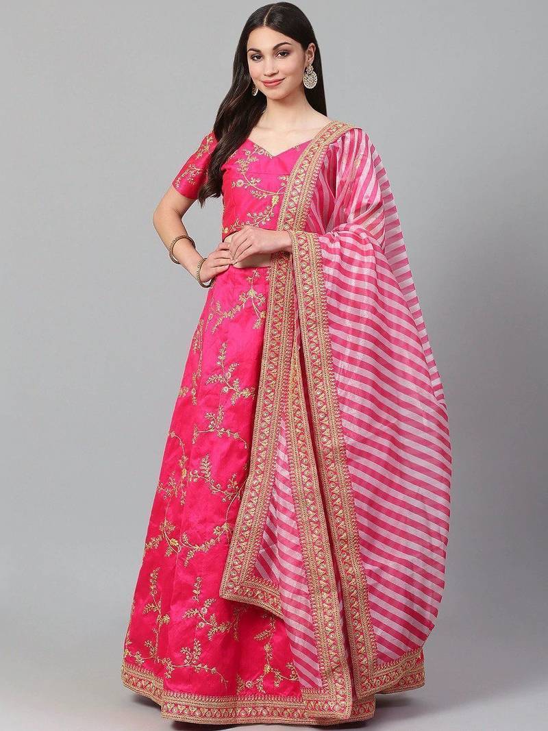 Pink & Golden Semi-Stitched Lehenga & Unstitched Blouse with Dupatta