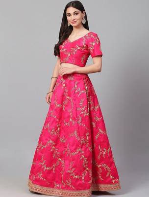 Pink & Golden Semi-Stitched Lehenga & Unstitched Blouse with Dupatta 4