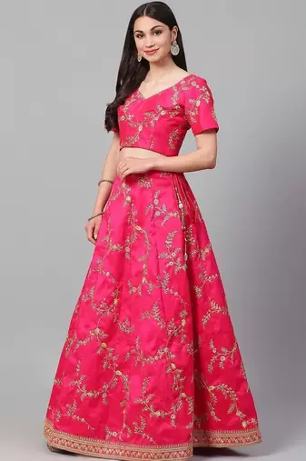 Pink & Golden Semi-Stitched Lehenga & Unstitched Blouse with Dupatta