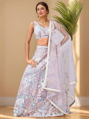 Glamorous Lavender Sequins Net Bridesmaid Lehenga Choli With Dupatta 2