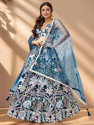 Stunning Teal Blue Sequins Net Designer Lehenga Choli With Dupatta 1