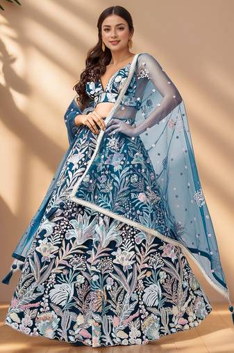 Stunning Teal Blue Sequins Net Designer Lehenga Choli With Dupatta