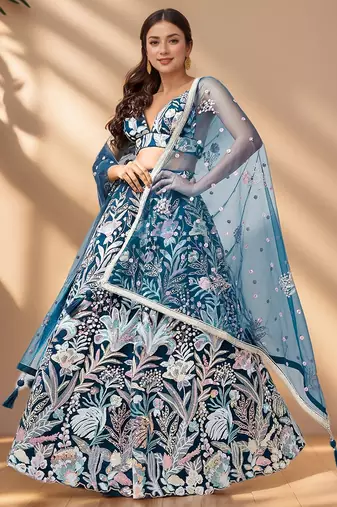 Stunning Teal Blue Sequins Net Designer Lehenga Choli With Dupatta