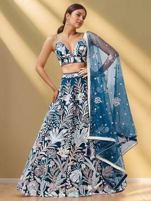 Stunning Teal Blue Sequins Net Designer Lehenga Choli With Dupatta 2