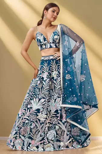 Stunning Teal Blue Sequins Net Designer Lehenga Choli With Dupatta