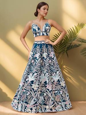 Stunning Teal Blue Sequins Net Designer Lehenga Choli With Dupatta 3