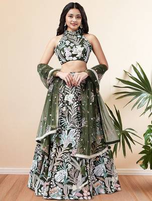 Glamorous Green Sequins Net Designer Lehenga Choli With Dupatta 1