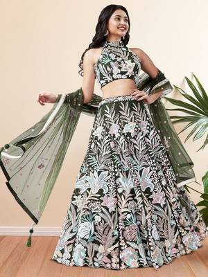 Glamorous Green Sequins Net Designer Lehenga Choli With Dupatta 2