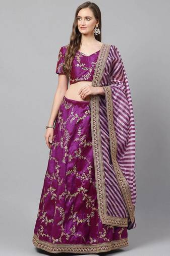 Purple Semi-Stitched Lehenga & Unstitched Blouse with Dupatta