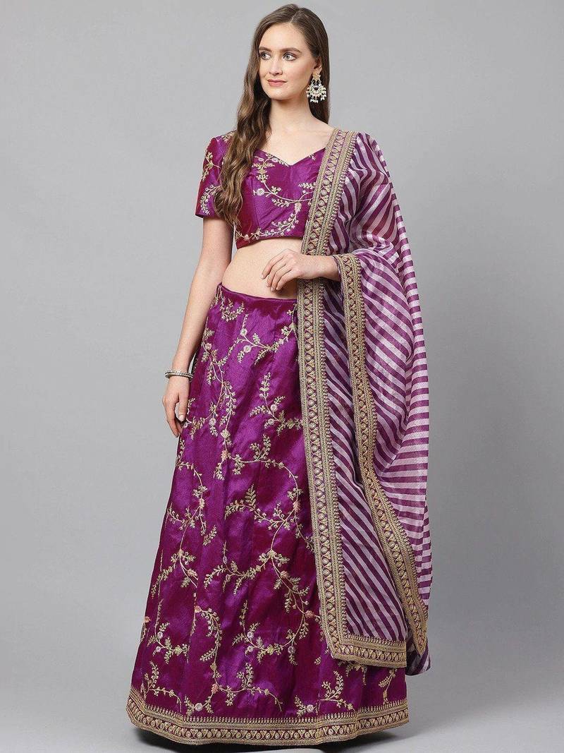 Purple Semi-Stitched Lehenga & Unstitched Blouse with Dupatta