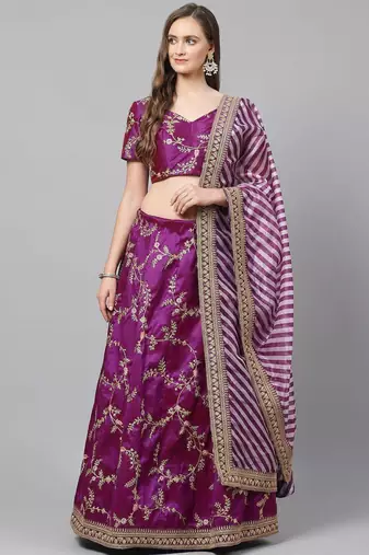 Purple Semi-Stitched Lehenga & Unstitched Blouse with Dupatta