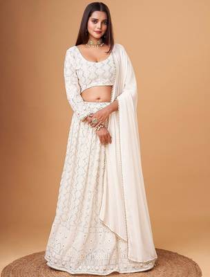 Fascinating White Thread Work Georgette Bridesmaid Lehenga Choli 1