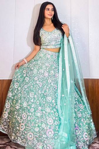 Fascinating Blue Sequins Net Reception Wear Lehenga Choli With Dupatta