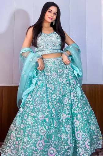 Fascinating Blue Sequins Net Reception Wear Lehenga Choli With Dupatta