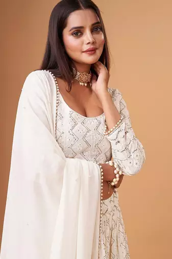 Fascinating White Thread Work Georgette Bridesmaid Lehenga Choli