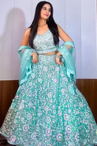Fascinating Blue Sequins Net Reception Wear Lehenga Choli With Dupatta