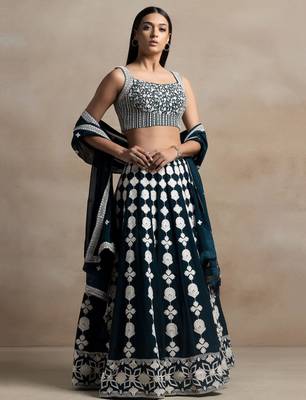 Dark Green Thread Work Georgette Lehenga Choli 1