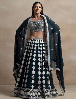 Dark Green Thread Work Georgette Lehenga Choli 2